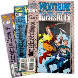 May include: A stack of Marvel Comics featuring Wolverine and the Punisher. The comic book covers display vibrant illustrations of the characters in action, with text that reads "Wolverine and the Punisher" and "Damaging Evidence."