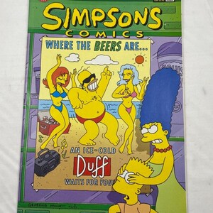 May include: Simpsons Comics issue number 14, published by Bongo Comics. The cover features a beach scene with Homer Simpson and two women in bikinis, with the text Where the Beers Are and An Ice-Cold Duff Waits For You. Marge and Bart Simpson appear in the foreground.