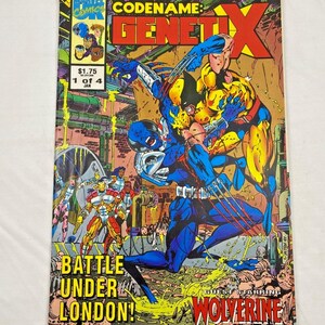 May include: A vintage comic book cover featuring a battle scene with the text "Codename: Genet X" and "Battle Under London!" Wolverine is a guest star. The cover has vibrant colors and the Marvel Comics logo.