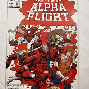 May include: A vintage comic book cover for "Alpha Flight" featuring a dynamic illustration of several costumed characters in action. The cover is predominantly red and white, with the title "No Future" and "Alpha Flight" prominently displayed. The Marvel Comics logo is visible.