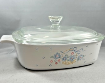 Corning Ware A-1-B Country Cornflower Basket Casserole with Pyrex Glass and CorningWare Plastic Fitted Lid