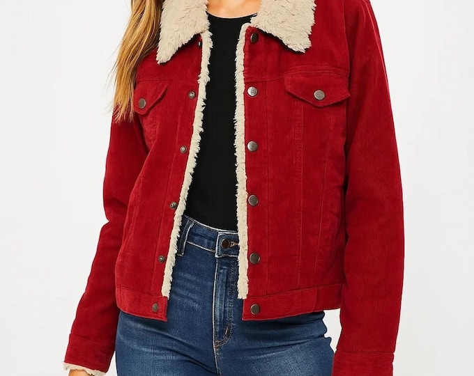 Handmade Red Corduroy Shearling Jacket: Vintage Style Winter Coat