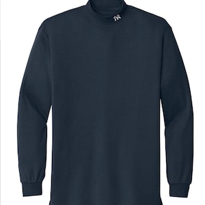 May include: Navy blue long-sleeve shirt with a mock neck collar. The shirt has a white embroidered logo on the collar and the text "Ralph jacket" at the top. The shirt is made of a soft, comfortable material.