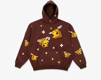 Brown Pixel Bee Hoodie – 3D Embroidered Oversized Streetwear