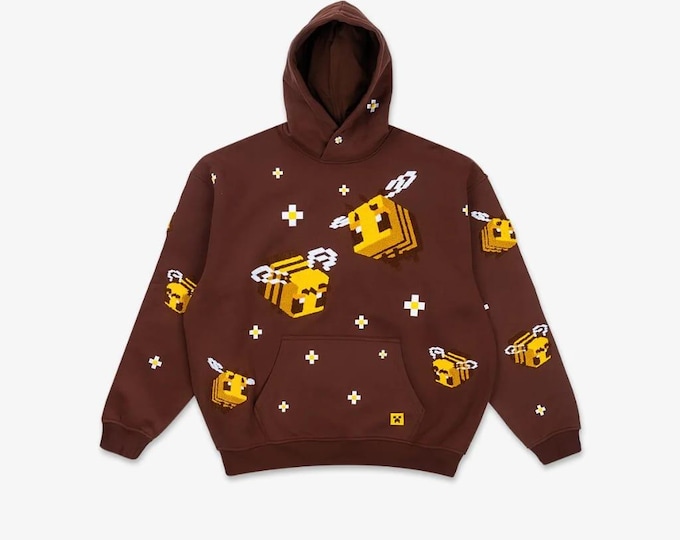 Brown Pixel Bee Hoodie – 3D Embroidered Oversized Streetwear