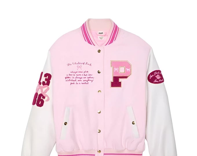 LoveShackFancy x PINK Varsity Jacket: Retro College Style Bomber