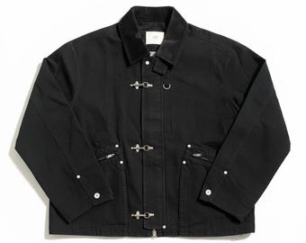 Men’s Black Cotton Utility Jacket – Corduroy Collar, Metal Toggle Closure, Streetwear Workwear Style