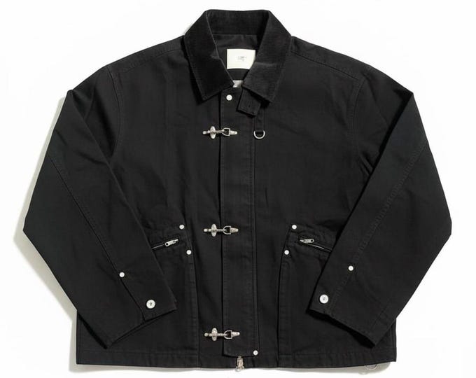 Men’s Black Cotton Utility Jacket – Corduroy Collar, Metal Toggle Closure, Streetwear Workwear Style