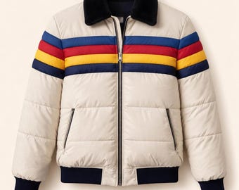 Handmade Blue Puffer Jacket with Rainbow Stripe | Quilted Winter Coat