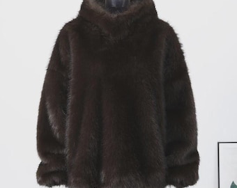 Women's Brown Furry Hooded Faux Fur Coat, Loose Long Sleeve Warm Brown Pullover, Autumn Winter Lady Street Fashion Outwear Coat