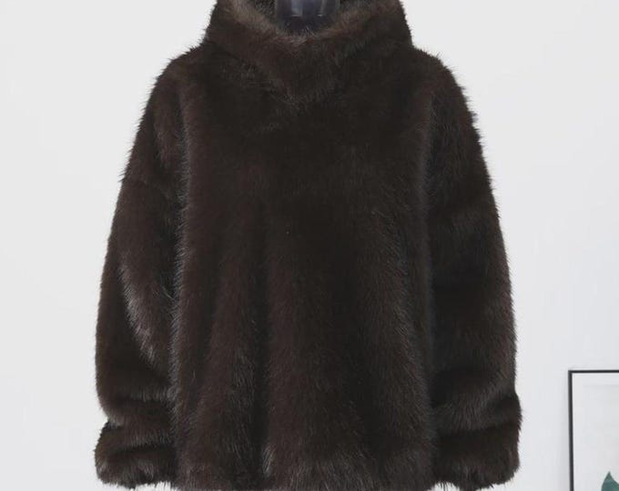 Women's Brown Furry Hooded Faux Fur Coat, Loose Long Sleeve Warm Brown Pullover, Autumn Winter Lady Street Fashion Outwear Coat