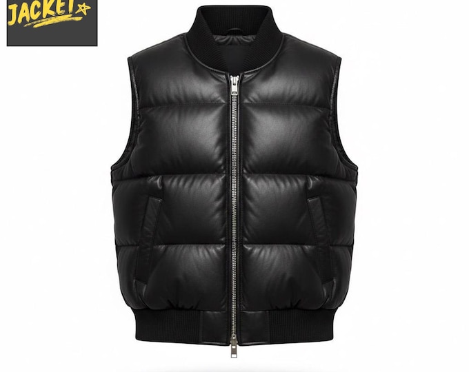 Men's Black Leather Puffer Vest – Sleeveless Winter Jacket