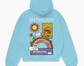 Mushroom Art Blue Hoodie – Handmade Rainbow Graphic Sweatshirt