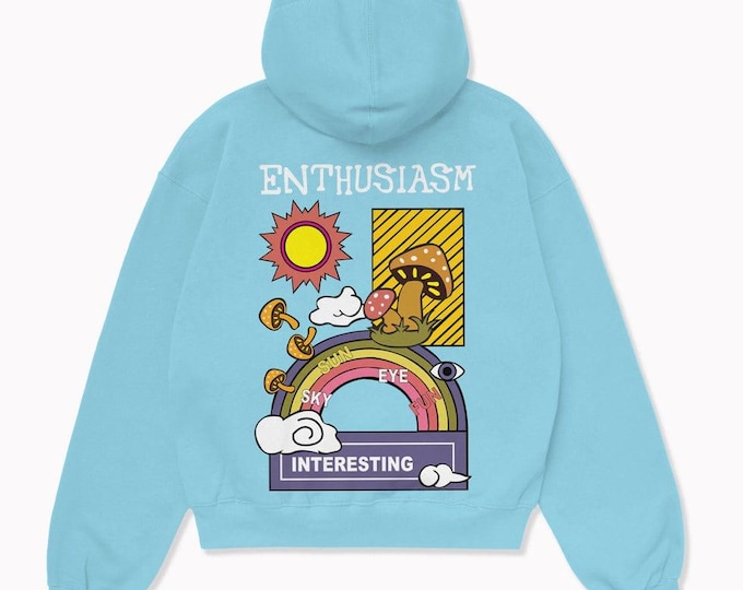 Mushroom Art Blue Hoodie – Handmade Rainbow Graphic Sweatshirt