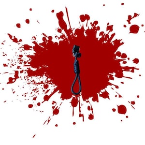 May include: A black lanyard with a noose design hangs against a backdrop of a large red splatter on a white background. The lanyard is made of a dark blue, braided material.
