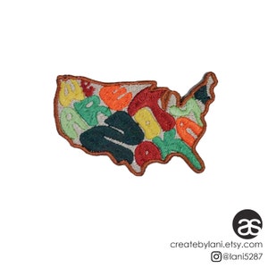 May include: An embroidered patch in the shape of the United States of America. The patch is filled with colorful, abstract shapes and letters.