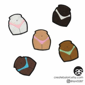 May include: Five embroidered iron-on patches depicting different skin tones with a bikini bottom. The patches are on a white background.