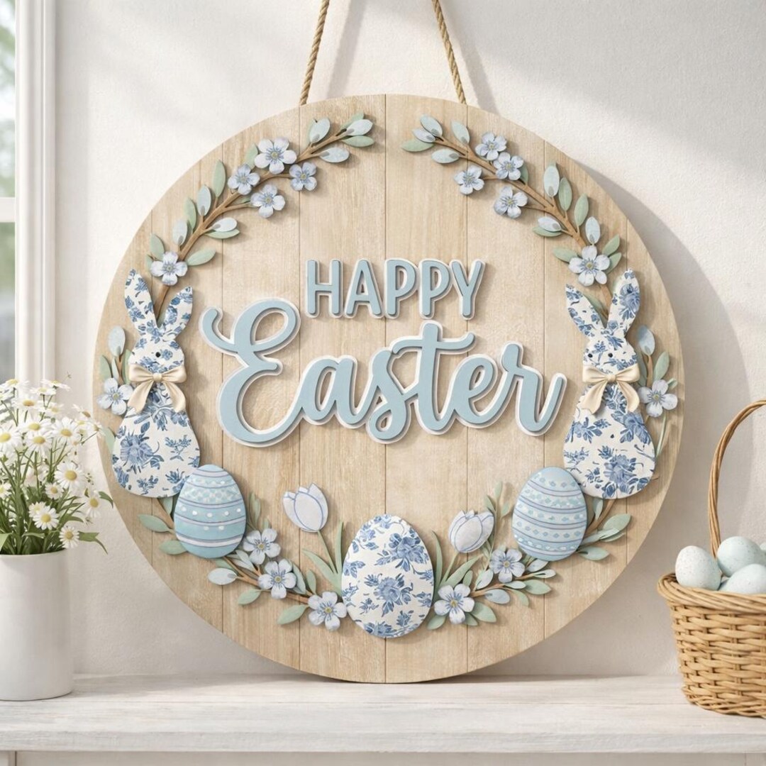 Happy Easter Door Sign, Wooden Bunny Door Hanger, Spring Front Porch ...