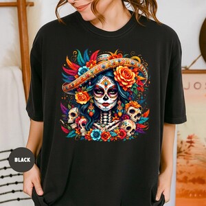 Day of the Dead Shirt, Colorful Sugar Skull Woman Graphic Tee, Floral Skeleton T-Shirt for Women, Dia de los Muertos Gift