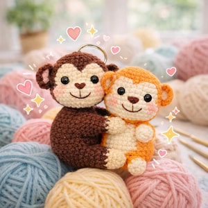 Handmade Crochet Monkey Keychain, Amigurumi Cotton Plush Toy Charm