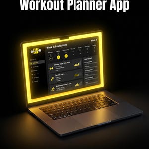 May include: A laptop displaying the "IRONWEEK Workout Planner App" interface. The screen shows a workout schedule with daily goals and exercise details. The app's title is in yellow, and the background is black. "Instant Digital Download" is written at the bottom.