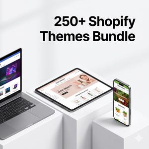 May include: Image of a 250+ Shopify Themes Bundle. A desktop computer, laptop, tablet, and smartphone are displayed, each showing different website designs. The devices are arranged on white platforms.