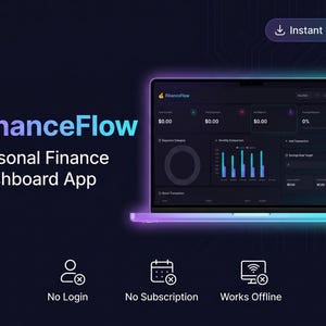 May include: A laptop screen displays the FinanceFlow personal finance dashboard app. The interface shows expense categories, monthly comparisons, and savings goals. The app features no login, no subscription, and works offline.