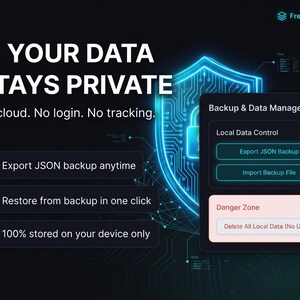 May include: Digital graphic promoting data privacy. The image features the text "YOUR DATA STAYS PRIVATE" with options for exporting and restoring backups. It emphasizes local storage and includes a "Danger Zone" warning for data deletion.