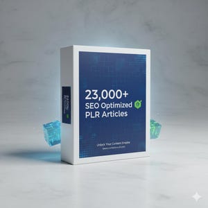 May include: A white rectangular box with a blue front panel displaying the text "23,000+ SEO Optimized PLR Articles." The box also has a small sticker on the side. The website address "www.contentvault.com" is visible at the bottom.