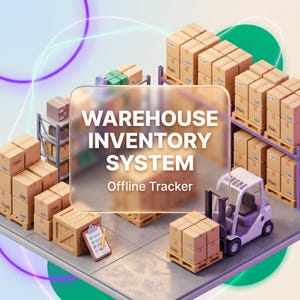 May include: A 3D isometric warehouse scene featuring stacks of brown cardboard boxes on wooden pallets and metal shelving units. A small white forklift is positioned near the boxes. A clipboard with a pencil rests on a wooden crate.