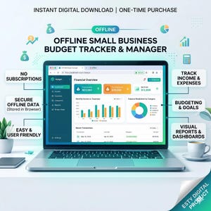 Pode incluir: Um laptop exibindo a interface de um "Offline Small Business Budget Tracker & Manager". A tela mostra dados financeiros, incluindo receita, despesas e uma análise por categoria. O texto "Instant Digital Download | One-Time Purchase" também está presente.