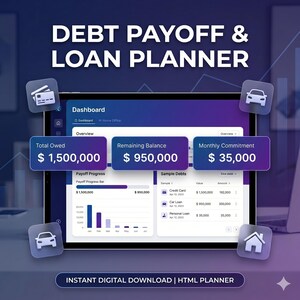 Debt Payoff & Loan Planner Web App | Snowball vs Avalanche Calculator | Printable Amortization Table | Dark Mode Planner