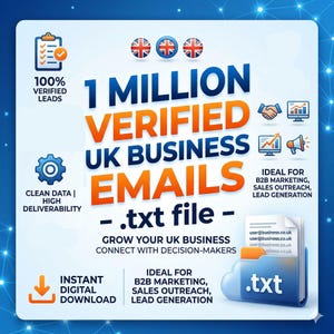 May include: Digital graphic promoting 1 million verified UK business emails in a .txt file. The image features text, icons, and the UK flag, highlighting clean data, instant download, and B2B marketing benefits.