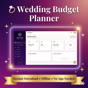 Może przedstawiać: Cyfrowy interfejs planera budżetu ślubnego z tekstem "Wedding Budget Planner" u góry. Interfejs wyświetla szczegóły budżetu, podziały kategorii i ostatnie transakcje. Dolny baner głosi "Natychmiastowe pobieranie • Offline • Nie wymaga aplikacji."