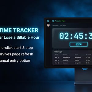 May include: A digital time tracker interface on a computer monitor. The screen displays a timer with the text "02:45:30" and a "STOP" button. The text "TIME TRACKER" and "Never Lose a Billable Hour" are also visible.