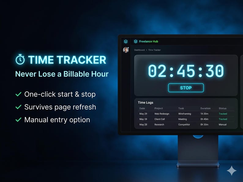 May include: A digital time tracker interface on a computer monitor. The screen displays a timer with the text "02:45:30" and a "STOP" button. The text "TIME TRACKER" and "Never Lose a Billable Hour" are also visible.