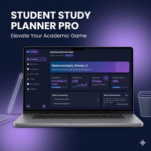 May include: A laptop screen showing the Student Study Planner Pro dashboard. The interface displays a welcome message, assignment details, GPA, exam countdown, and degree progress. The text "Elevate Your Academic Game" is at the top.