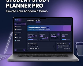 May include: A laptop displaying the Student Study Planner Pro dashboard. The screen shows a welcome message, assignment details, GPA, exam countdown, and degree progress. The text "Elevate Your Academic Game" is at the top.
