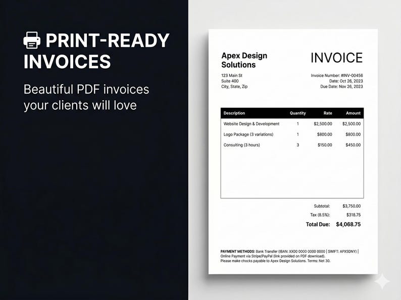 May include: A white invoice from Apex Design Solutions with itemized services, including website design, logo packages, and consulting. The invoice includes the text "PRINT-READY INVOICES" and "Beautiful PDF invoices your clients will love."