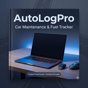 May include: A digital product cover titled AutoLogPro Car Maintenance & Fuel Tracker featuring a laptop, a car key fob, and a small toy car on a wooden surface. The text Digital Download • Instant Access is displayed at the bottom of the image.