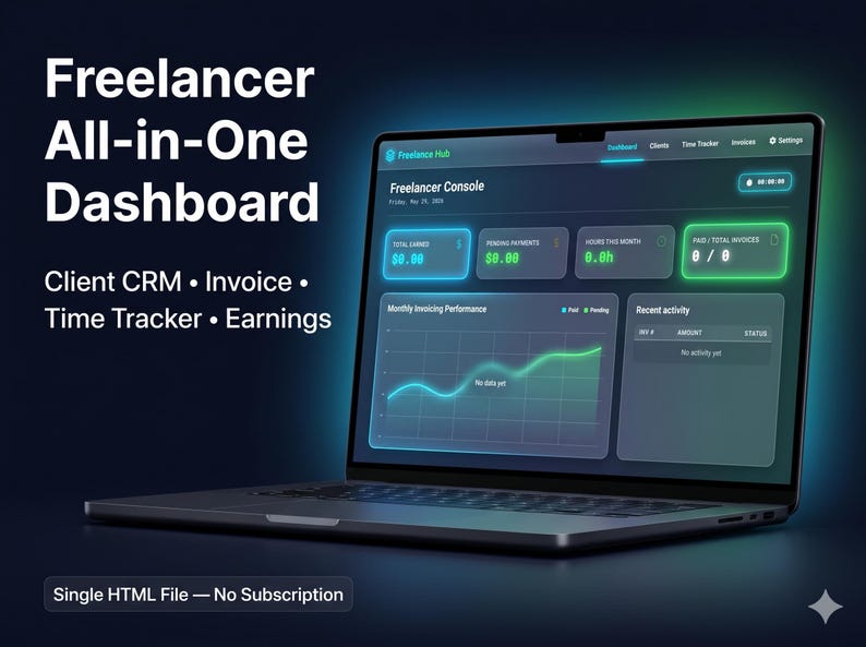 May include: A laptop displays a "Freelancer All-in-One Dashboard" interface. The screen shows a dashboard with data visualizations, including earnings, invoices, and time tracking information. Text on the screen includes "Client CRM," "Invoice," and "Earnings."