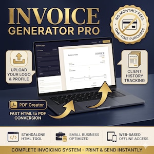 May include: A laptop displays an invoice template with the text "INVOICE GENERATOR PRO." Features include logo upload, PDF creation, client history tracking, and standalone HTML tool. The image also highlights small business optimization and web-based offline access.