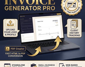 May include: A laptop displays an invoice template with the text "INVOICE GENERATOR PRO." Features include logo upload, PDF creation, client history tracking, and standalone HTML tool. The image also highlights small business optimization and web-based offline access.