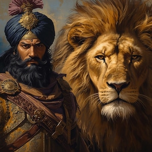 May include: An artistic depiction of a warrior with a lion. The warrior wears a blue turban, ornate armour, and a purple cloak. The lion has a golden mane and is positioned next to the warrior. The background shows a battle scene.