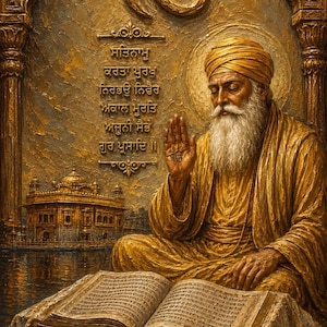 Op de afbeelding: Een gouden wandreliëf met Guru Nanak Dev Ji met een tulband en baard, zittend en lezend in een open boek. Het kunstwerk bevat het Ik Onkar-symbool, Gurmukhi-schrift en een afbeelding van de Gouden Tempel op de achtergrond.