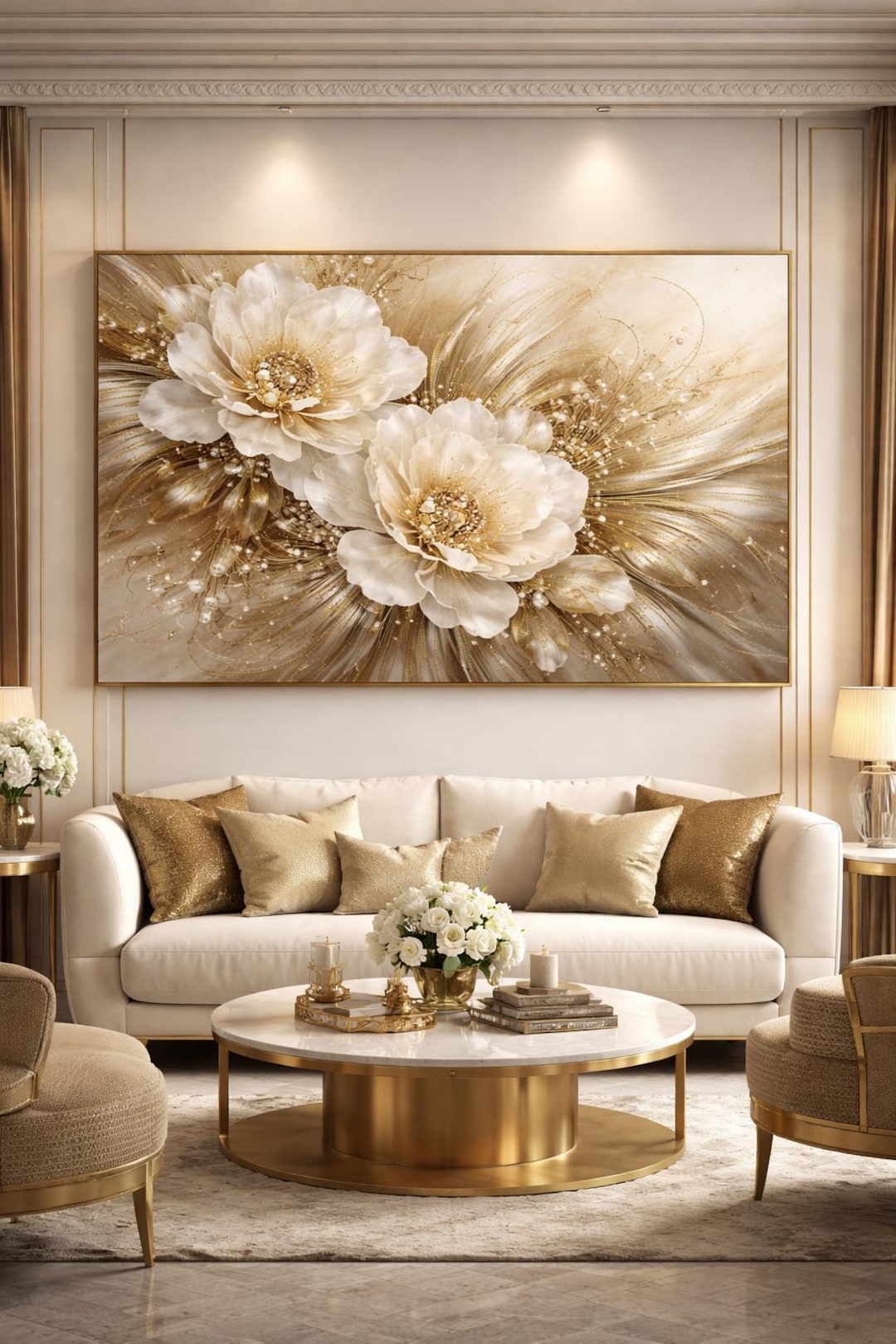 Luxury Floral Digital Wall Art – Elegant Gold & White Peonies - Etsy