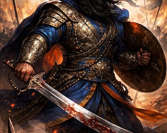 May include: Digital illustration of a warrior in blue and gold armor, holding a sword and shield. The warrior wears a blue turban and has a long black beard. The sword is bloodied. The background depicts a battlefield with flags and fire.
