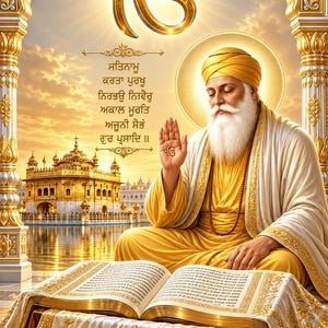 Peut inclure: Un symbole Ik Onkar doré surplombe une figure assise en robes jaunes et turban, avec une barbe blanche et une main levée. Un livre ouvert repose sur un support décoré, avec le Temple d'Or en arrière-plan et du texte en gurmukhi affiché.
