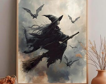 Flying Witch Wall Art | Vintage Halloween Print | Witch on Broom Painting | Dark Academia & Witchcore Decor | Spooky Halloween Art Printable