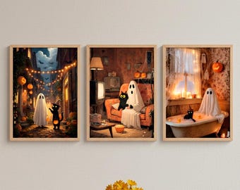 Set of 3 Ghost and Black Cat Halloween Wall Art Prints  | Cute Spooky Fall Decor | Pumpkin Witch Hat Printable Ghost Painting Set |